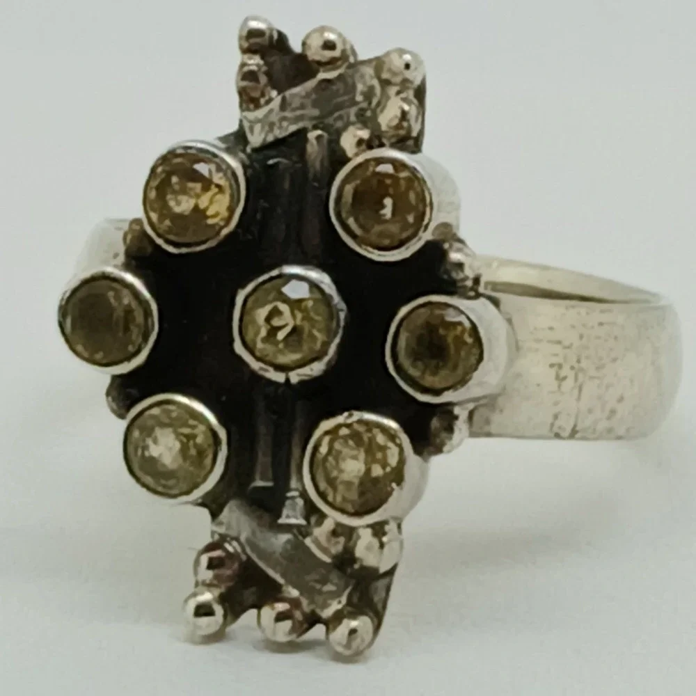 Artisan Crafted 925 Sterling Silver Citrine Cluster Ring Thailand 1990s Size 9.5
